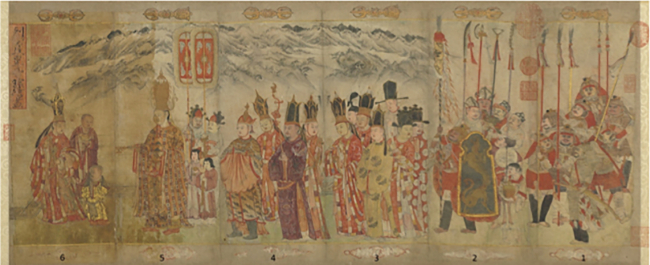 Zhang Shengwen. Dali Emperor Duan Zhixing and his entourage worshipping the Buddha. Pages 1–6. 1173–1176 CE. Each page H. 30.4 cm x W. 12 cm. Color on paper. National Palace Museum, Taipei.