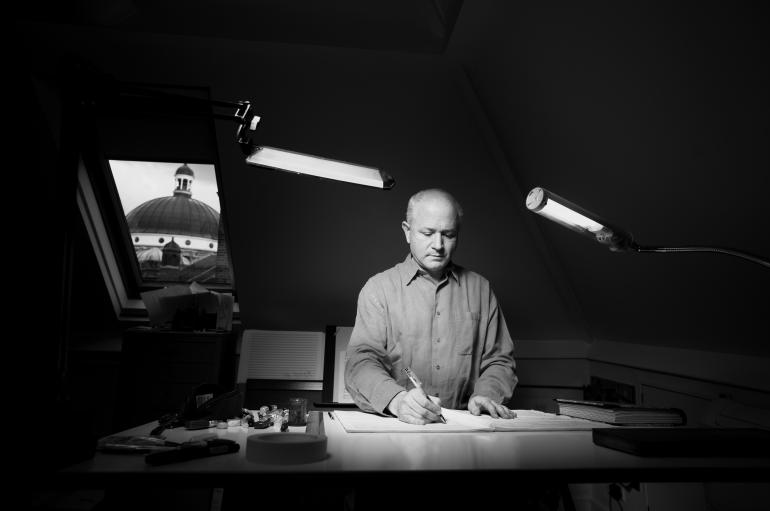 George Benjamin at writing desk photo credit Matthew Lloyd