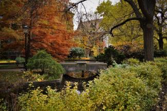 University vista with gothic tower and multicolored trees