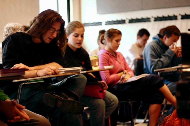 University of Chicago students sitting in a classroom during a music class