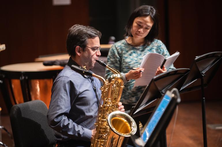 Saxophonist Taimur Sullivan and composer Tonia Ko in rehearsal for the Grossman Ensemble