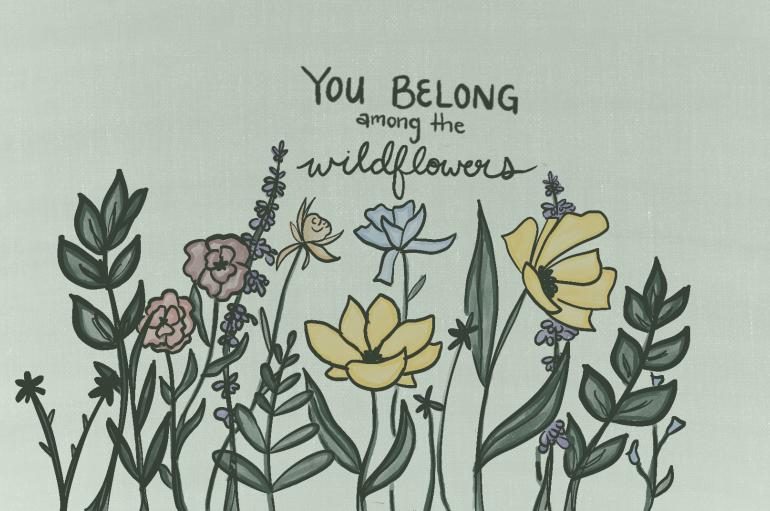 An illustration of wildflowers with text saying "you belong among the wildflowers"