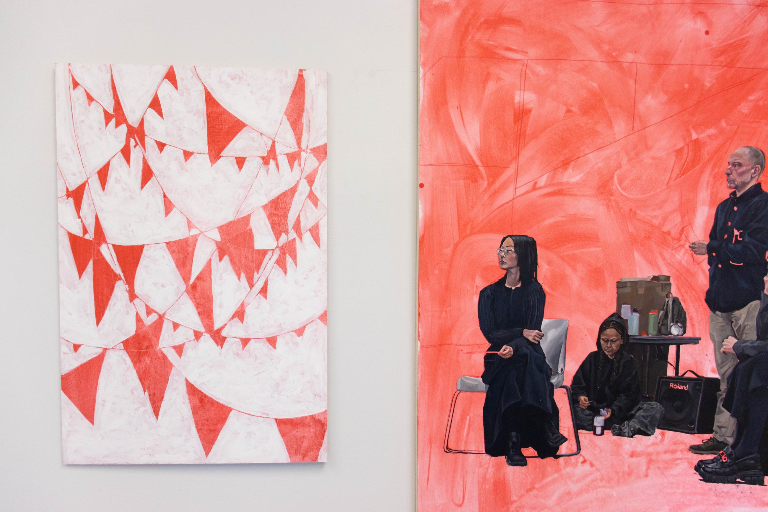 Detail of two paintings, at left: criss-crossing pennants on a white background, at right, a group of figures on a red background